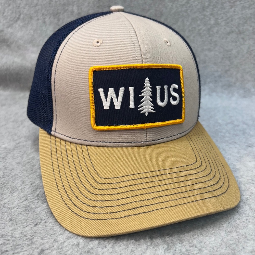 WI US Pine Tree Patch Mens Tan Navy‎ Outdoor Cap Trucker Hat Snapback OSFM
